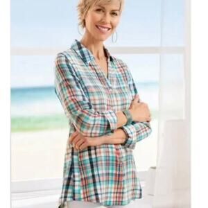 Soft Surroundings Emerson Plaid Button Top Womens Large Aqua Navy Preppy Shirt